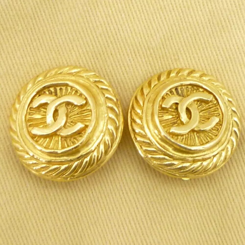 Authentic CHANEL Vintage Coco Mark Earrings Gold Brass - Picture 2 of 11